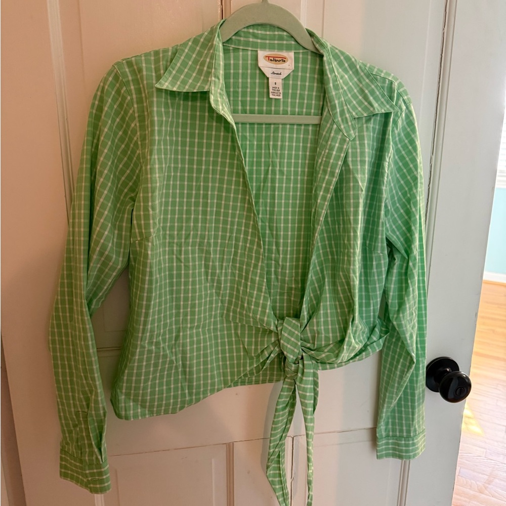 Talbots Green Plaid Tie Front Button Down Shirt Preppy Coastal Classic Size 8